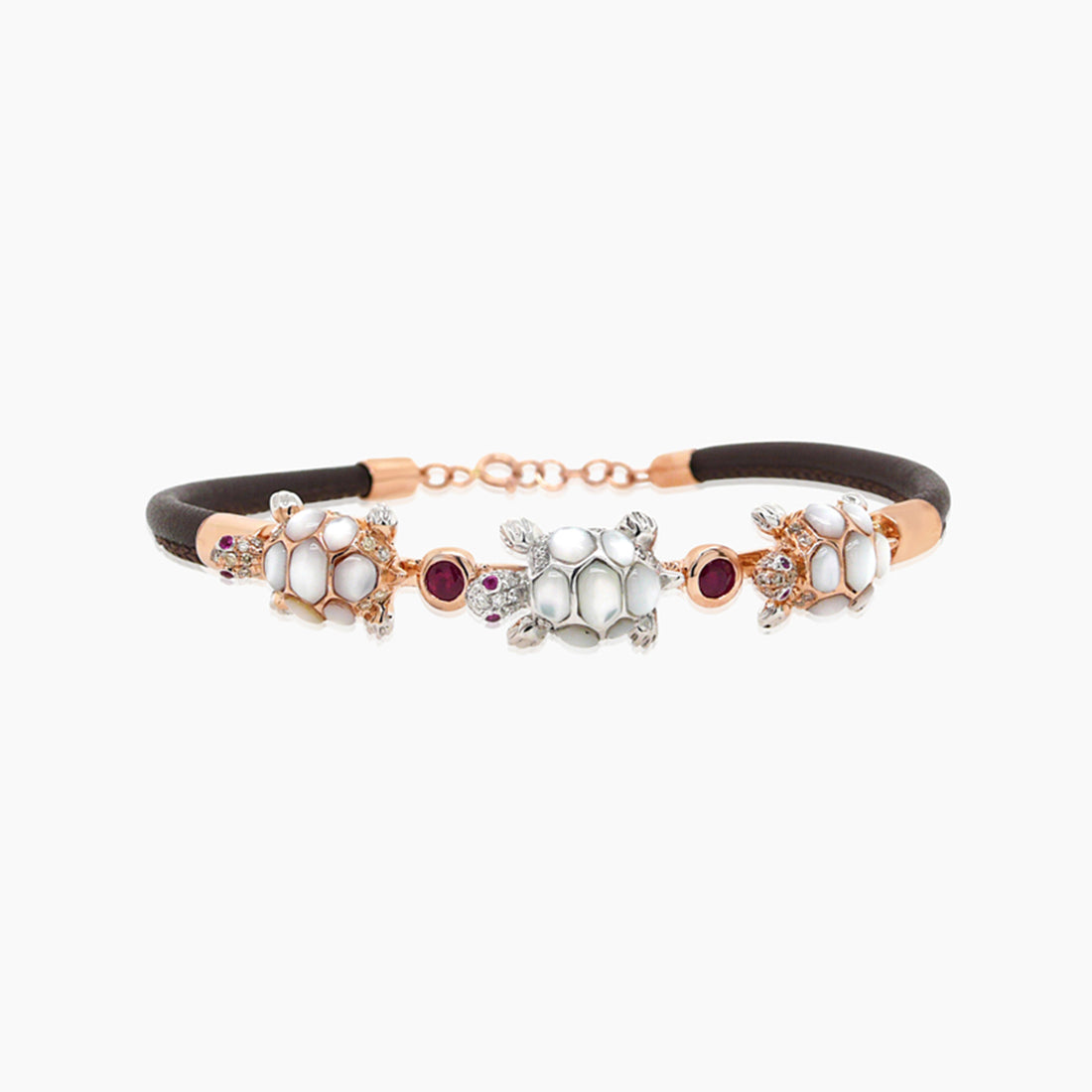 White Mother of Pearl & Diamond & Ruby Turtle Animal Rose Gold Leather Bracelet
