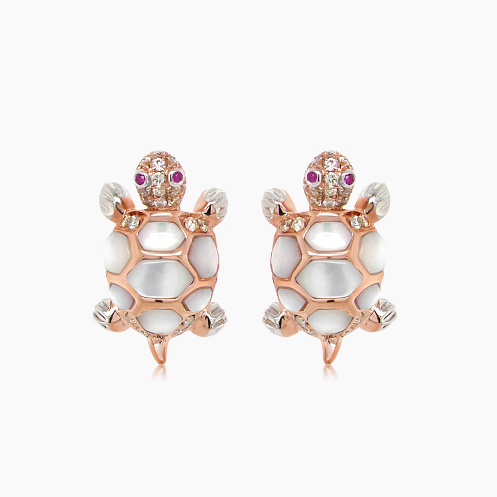 Turtles Fancy Diamond & Red Ruby & White Pearl 18K Rose Gold Animal Earrings