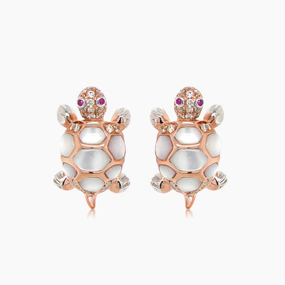 Turtles Fancy Diamond & Red Ruby & White Pearl 18K Rose Gold Animal Earrings