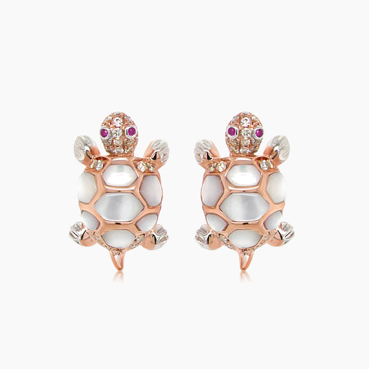 Turtles Fancy Diamond & Red Ruby & White Pearl 18K Rose Gold Animal Earrings