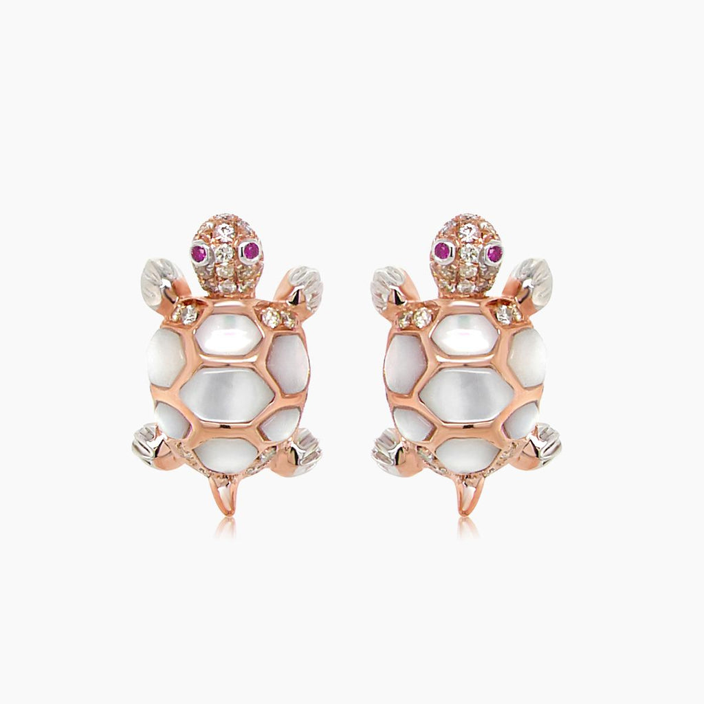 Turtles Fancy Diamond & Red Ruby & White Pearl 18K Rose Gold Animal Earrings