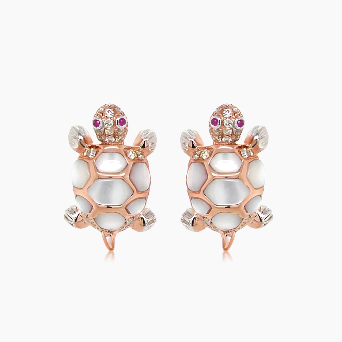 turtles fancy diamond & red ruby & white pearl 18k rose gold animal earrings