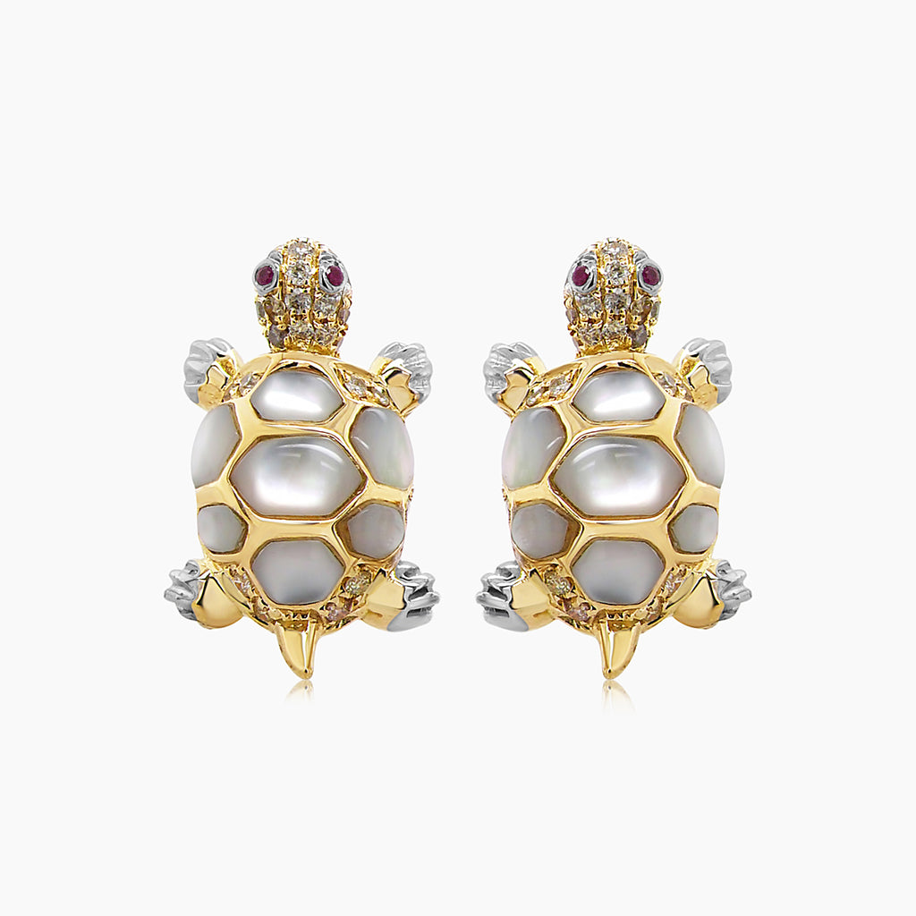 Turtles Fancy Diamond Red Ruby & White Pearl 18K Yellow Gold Animal Earrings