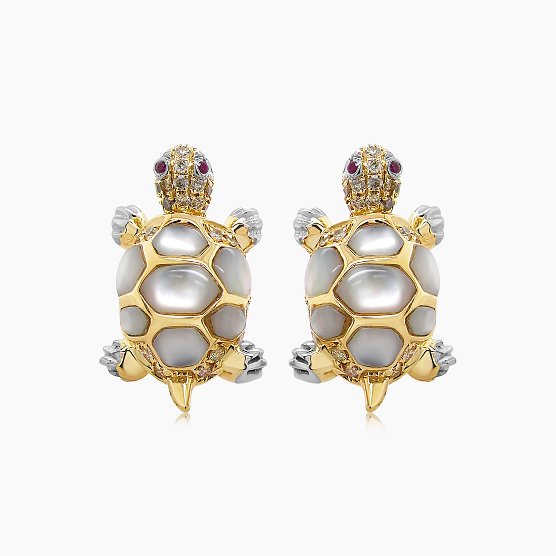 Turtles Fancy Diamond Red Ruby & White Pearl 18K Yellow Gold Animal Earrings
