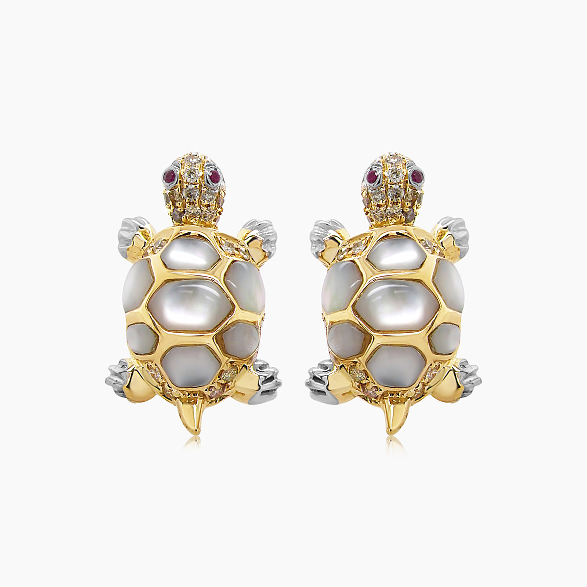 Turtles Fancy Diamond Red Ruby & White Pearl 18K Yellow Gold Animal Earrings
