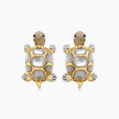 Turtles Fancy Diamond Red Ruby & White Pearl 18K Yellow Gold Animal Earrings