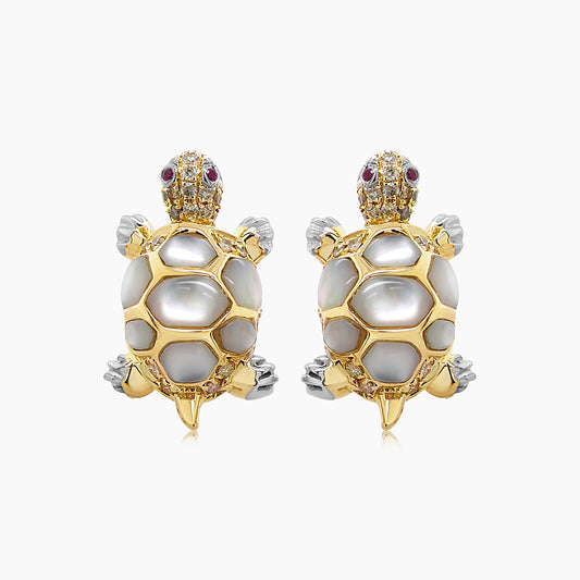 Turtles Fancy Diamond Red Ruby & White Pearl 18K Yellow Gold Animal Earrings