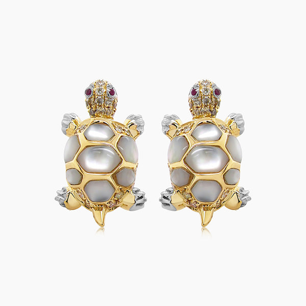 Turtles Fancy Diamond Red Ruby & White Pearl 18K Yellow Gold Animal Earrings