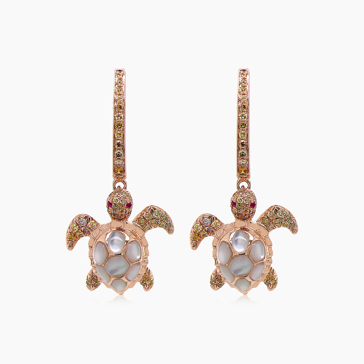 Turtles Fancy Diamond & Red Ruby & White Pearl 18K Rose Gold Animal Earrings