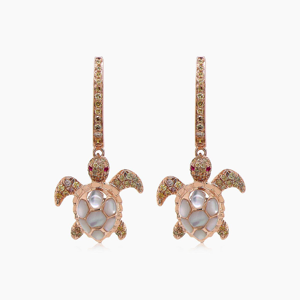 Turtles Fancy Diamond & Red Ruby & White Pearl 18K Rose Gold Animal Earrings
