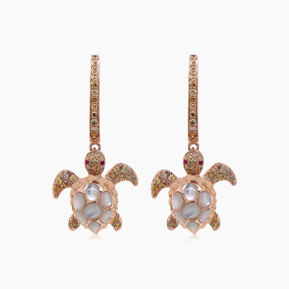 turtles fancy diamond & red ruby & white pearl 18k rose gold animal earrings