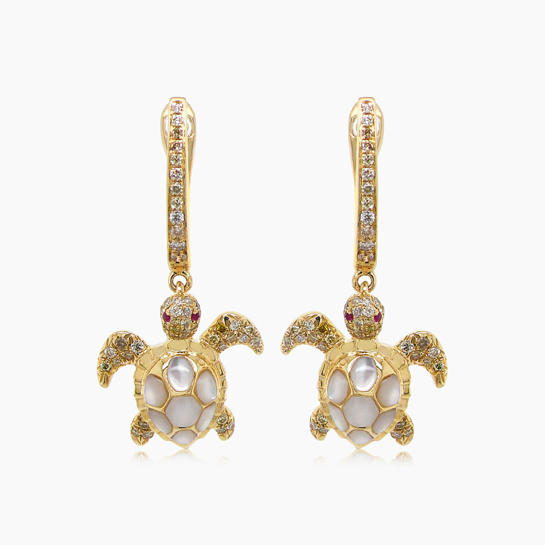 Turtles Fancy Diamond & Red Ruby & White Pearl 18K Yellow Gold Animal Earrings