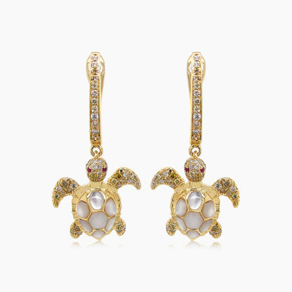Turtles Fancy Diamond & Red Ruby & White Pearl 18K Yellow Gold Animal Earrings