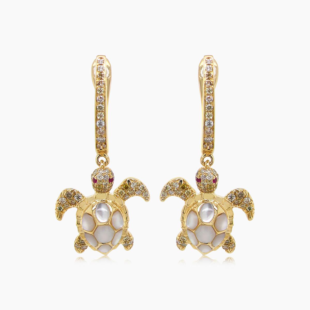 Turtles Fancy Diamond & Red Ruby & White Pearl 18K Yellow Gold Animal Earrings