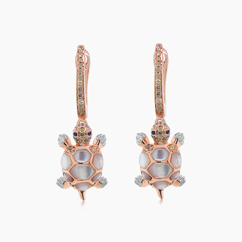Turtles Fancy Diamond & Red Ruby & White Pearl 18K Rose Gold Animal Earrings