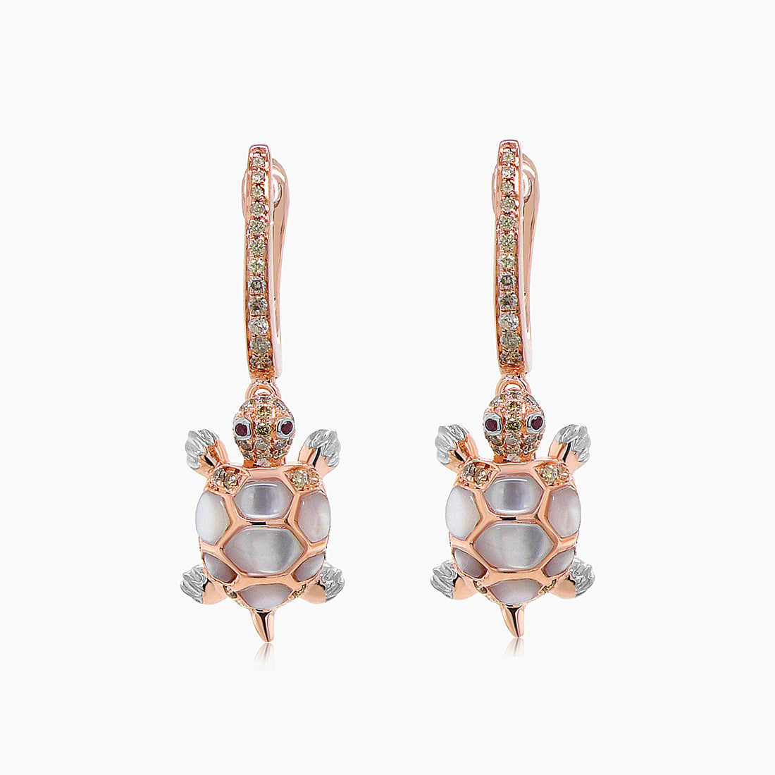Turtles Fancy Diamond &amp; Red Ruby &amp; White Pearl 18K Rose Gold Animal Earrings