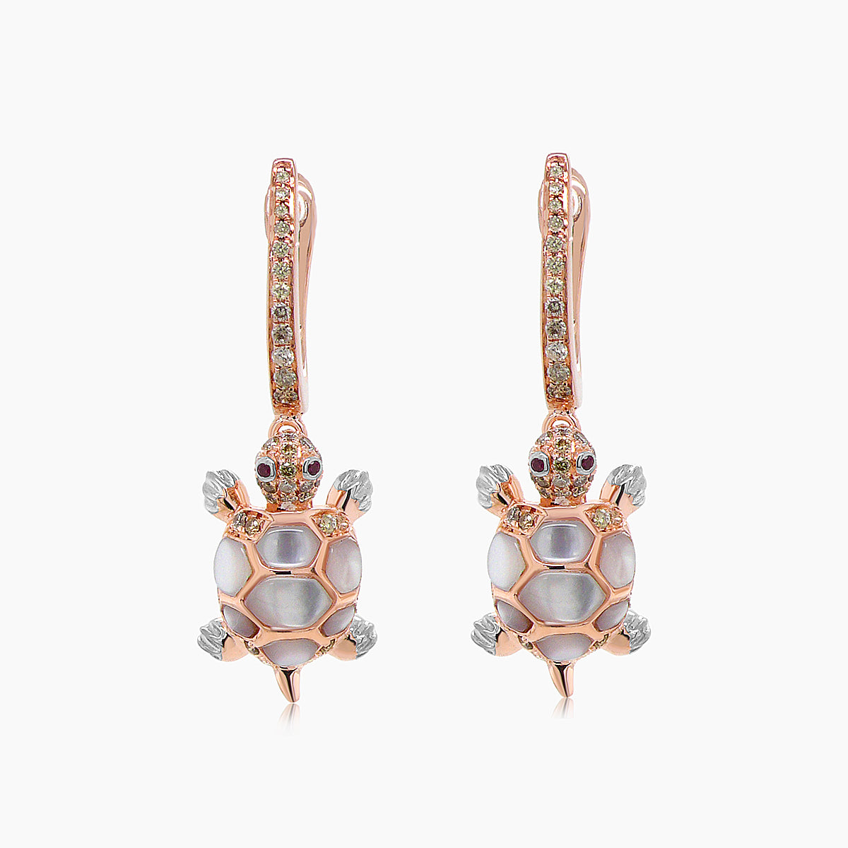 turtles fancy diamond & red ruby & white pearl 18k rose gold animal earrings