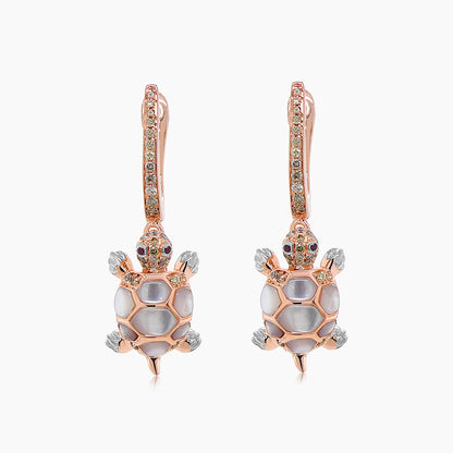 Turtles Fancy Diamond & Red Ruby & White Pearl 18K Rose Gold Animal Earrings
