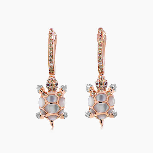 Turtles Fancy Diamond & Red Ruby & White Pearl 18K Rose Gold Animal Earrings