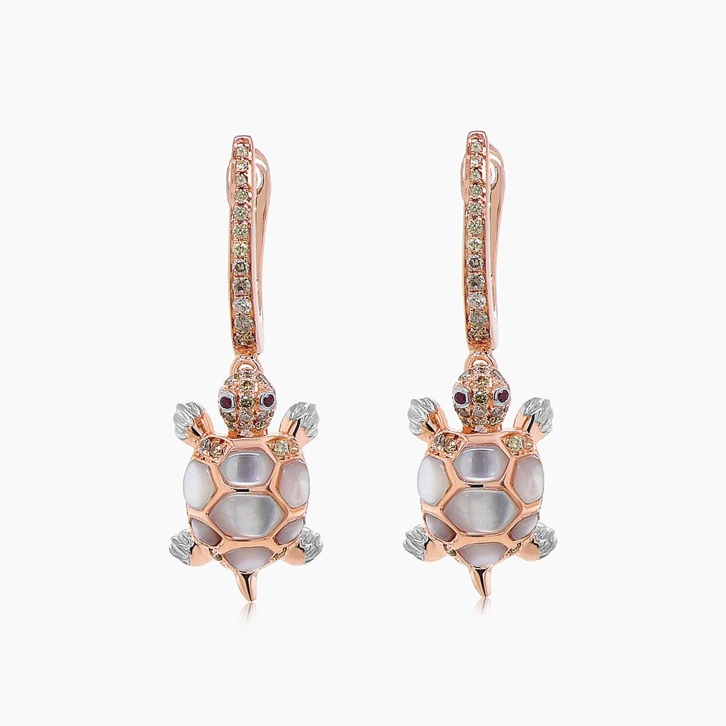 Turtles Fancy Diamond & Red Ruby & White Pearl 18K Rose Gold Animal Earrings
