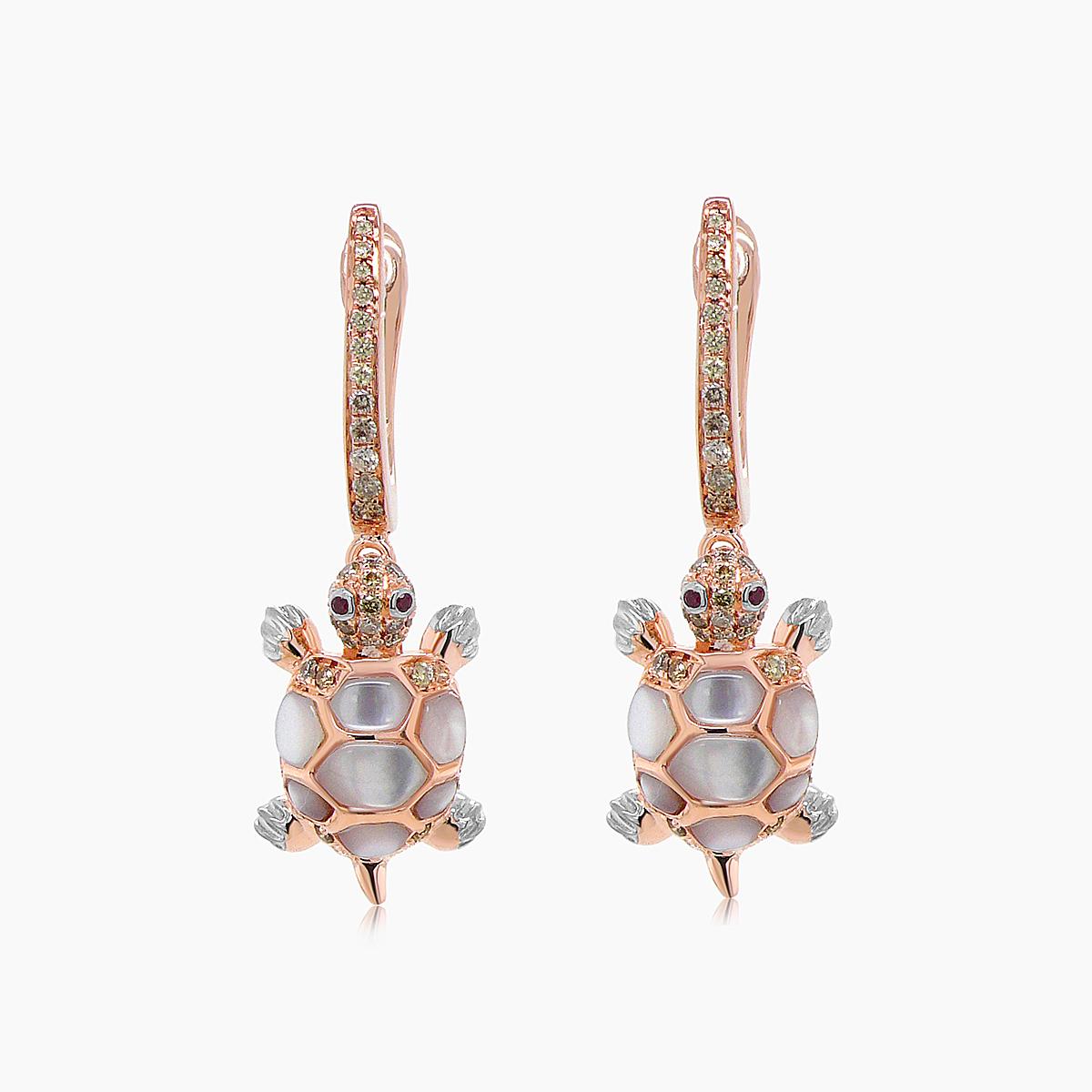 turtles fancy diamond & red ruby & white pearl 18k rose gold animal earrings