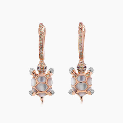 Turtles Fancy Diamond & Red Ruby & White Pearl 18K Rose Gold Animal Earrings