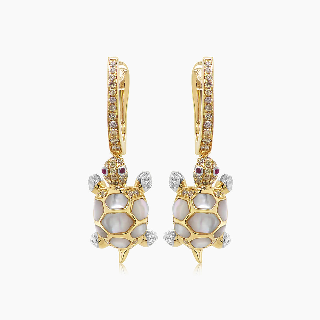 Turtles Fancy Diamond & Red Ruby & White Pearl 18K Yellow Gold Animal Earrings