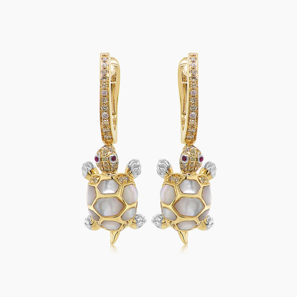 Turtles Fancy Diamond & Red Ruby & White Pearl 18K Yellow Gold Animal Earrings