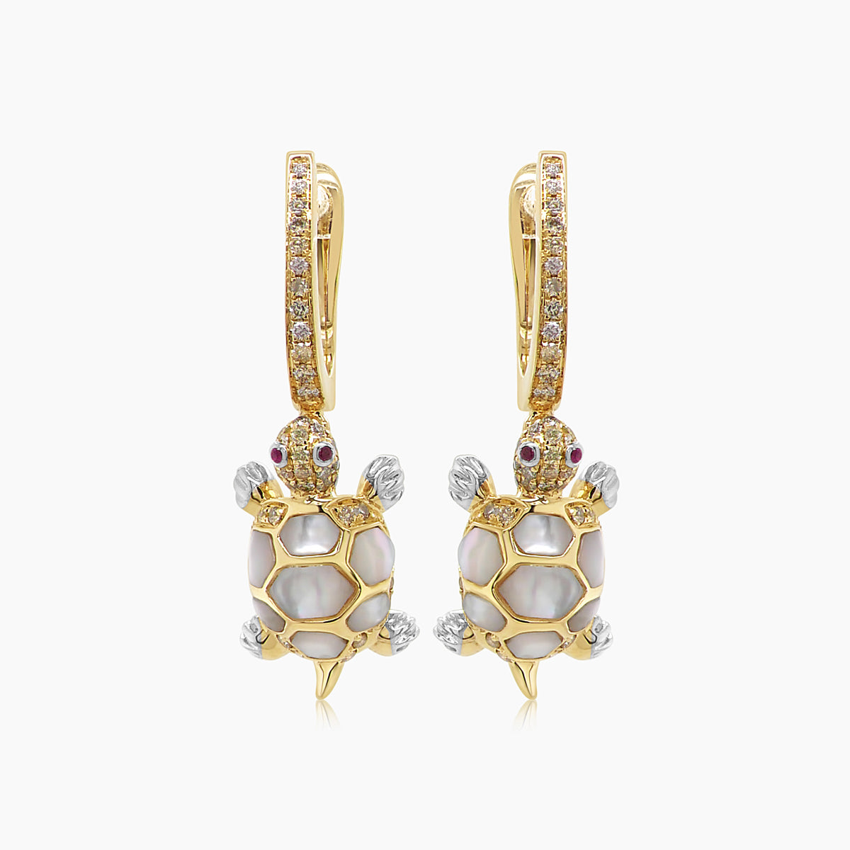 Turtles Fancy Diamond & Red Ruby & White Pearl 18K Yellow Gold Animal Earrings