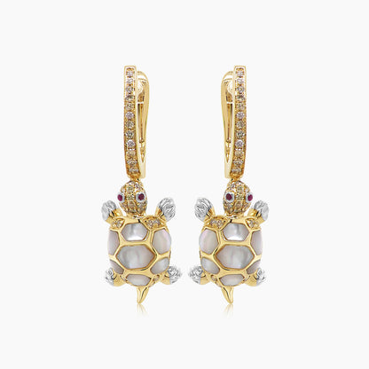 Turtles Fancy Diamond & Red Ruby & White Pearl 18K Yellow Gold Animal Earrings