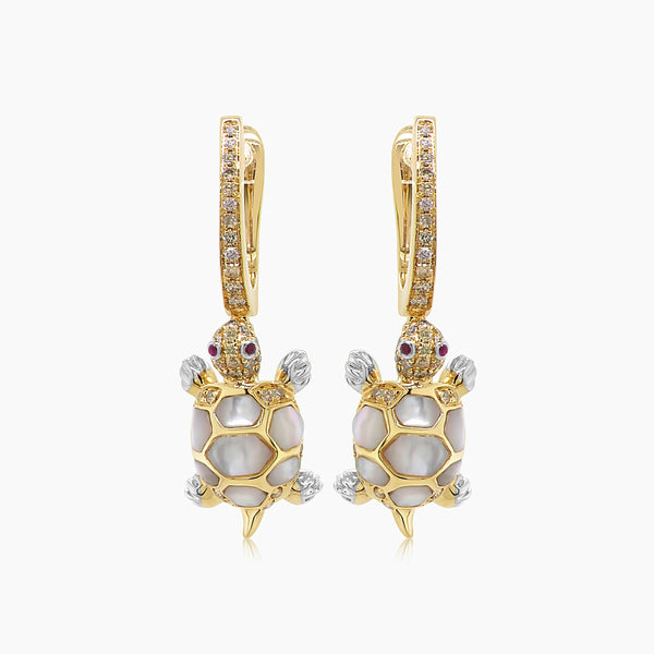 Turtles Fancy Diamond & Red Ruby & White Pearl 18K Yellow Gold Animal Earrings