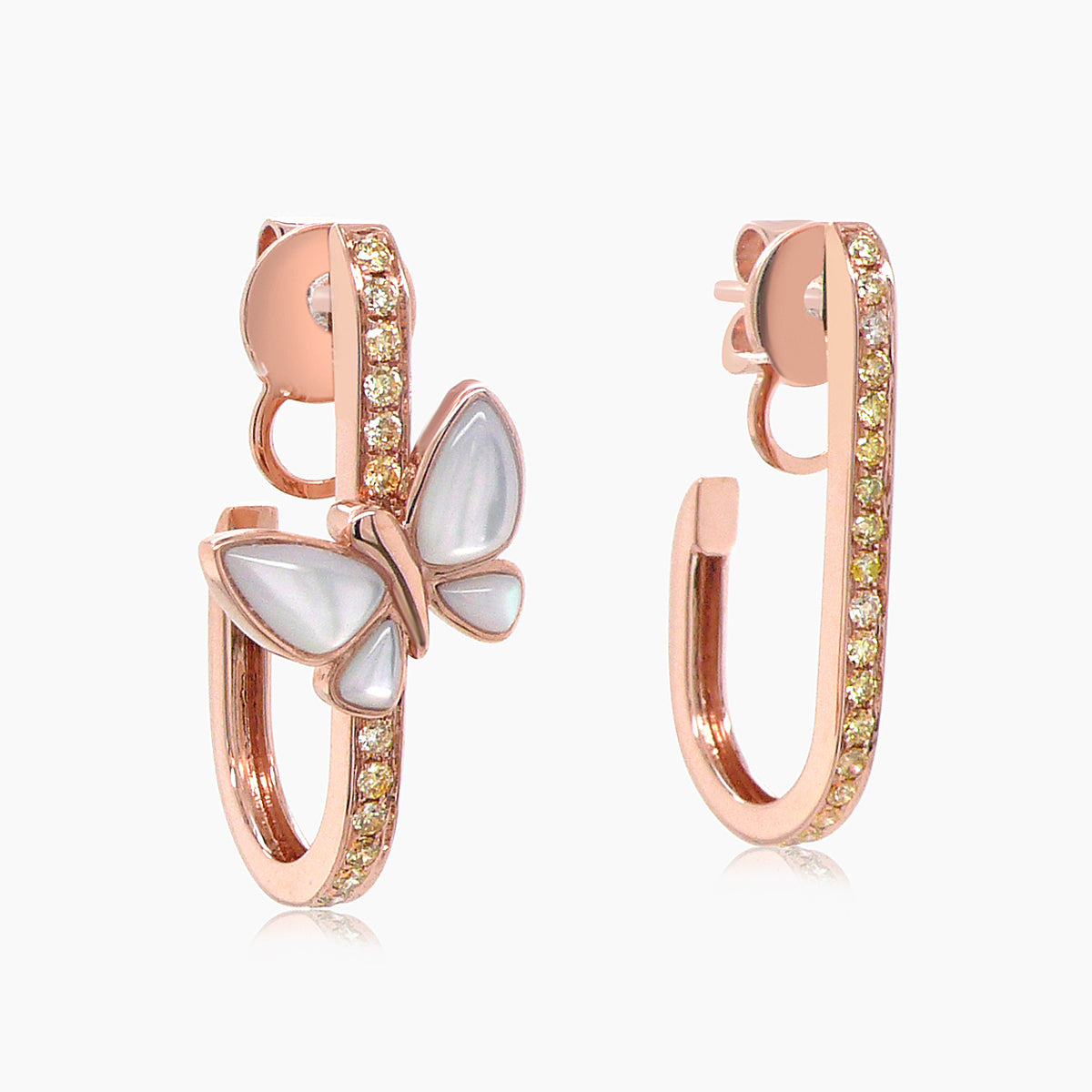 white mother of pearl & diamonds butterfly sweet 18k rose gold stud earrings