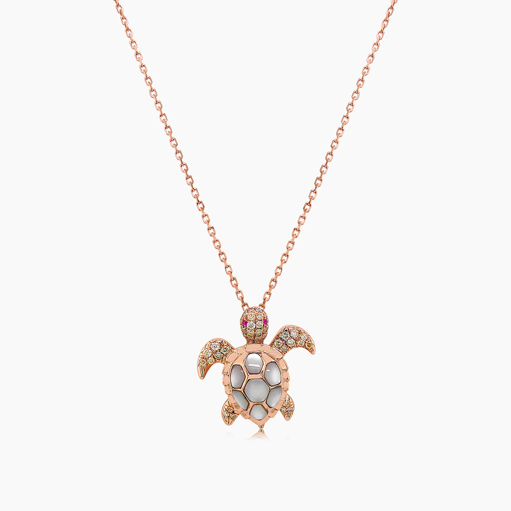 Turtle Fancy Diamond & Ruby & White Pearl 18K Yellow Gold Pendant Necklace