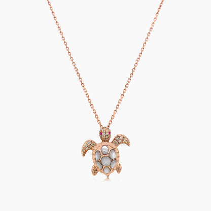 Turtle Fancy Diamond & Ruby & White Pearl 18K Yellow Gold Pendant Necklace