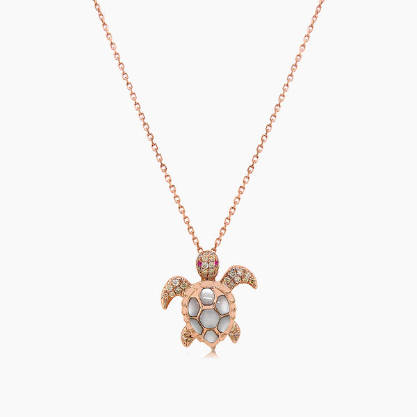 Turtle Fancy Diamond & Ruby & White Pearl 18K Yellow Gold Pendant Necklace