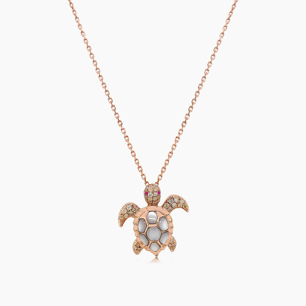 Turtle Fancy Diamond & Ruby & White Pearl 18K Yellow Gold Pendant Necklace