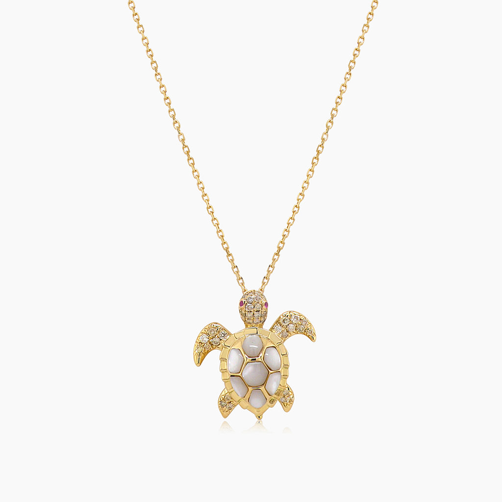 Turtle Fancy Diamond & Ruby & White Pearl 18K Yellow Gold Pendant Necklace