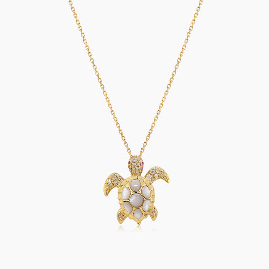 Turtle Fancy Diamond & Ruby & White Pearl 18K Yellow Gold Pendant Necklace