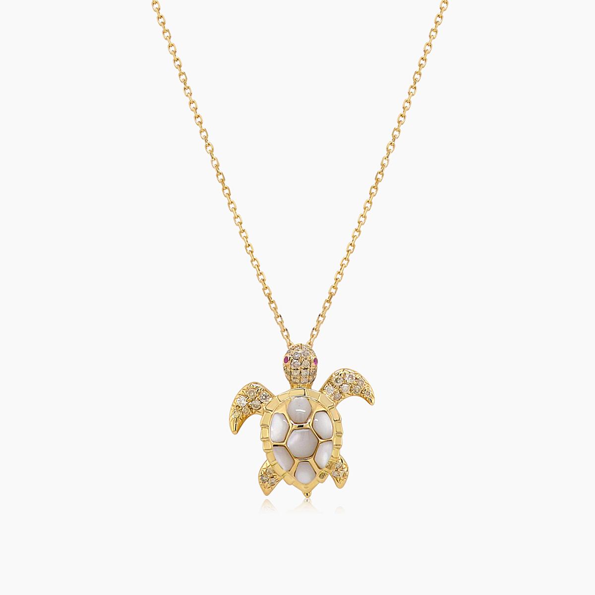 Turtle Fancy Diamond & Ruby & White Pearl 18K Yellow Gold Pendant Necklace