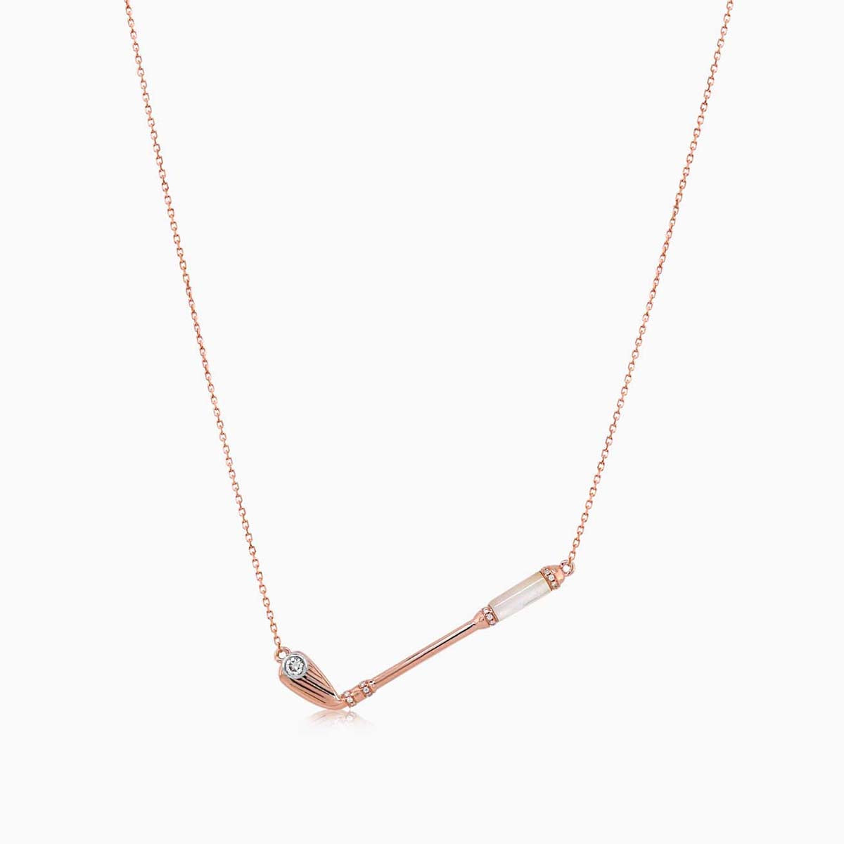 Golf Club White Pearl & White Diamond 18K Rose Gold Pendant Necklace