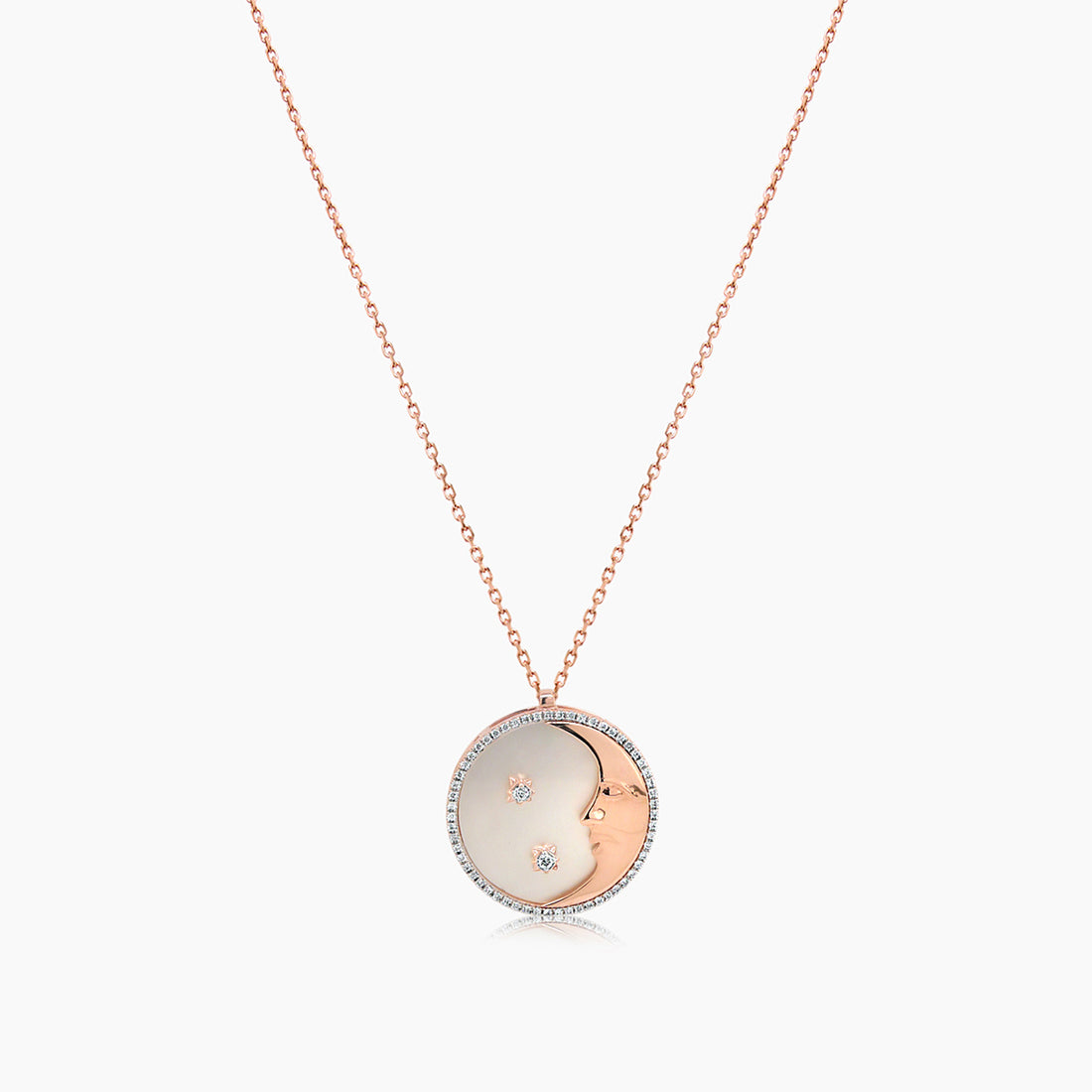 Moon Star Celestial Zodiac White Pearl White Diamond Rose Gold Pendant Necklace