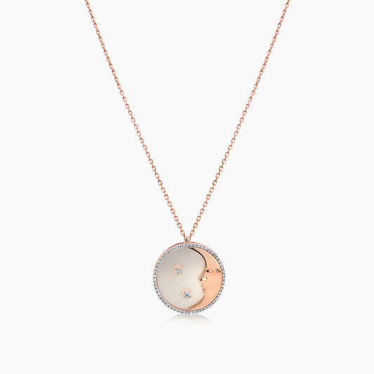 Moon Star Celestial Zodiac White Pearl White Diamond Rose Gold Pendant Necklace
