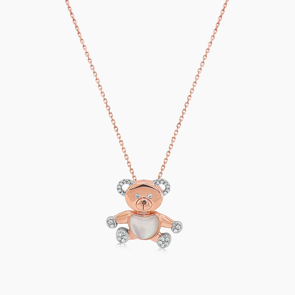 White Diamond & White Pearl 18K Rose Gold Teddy Bear Pendant Necklace
