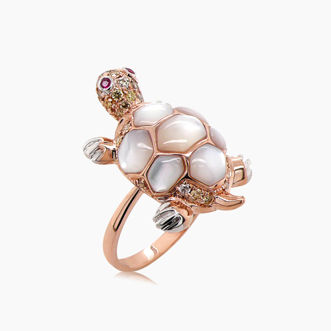 Turtle Fancy Diamond Ruby & White Pearl 18K Rose Gold Animal Ring