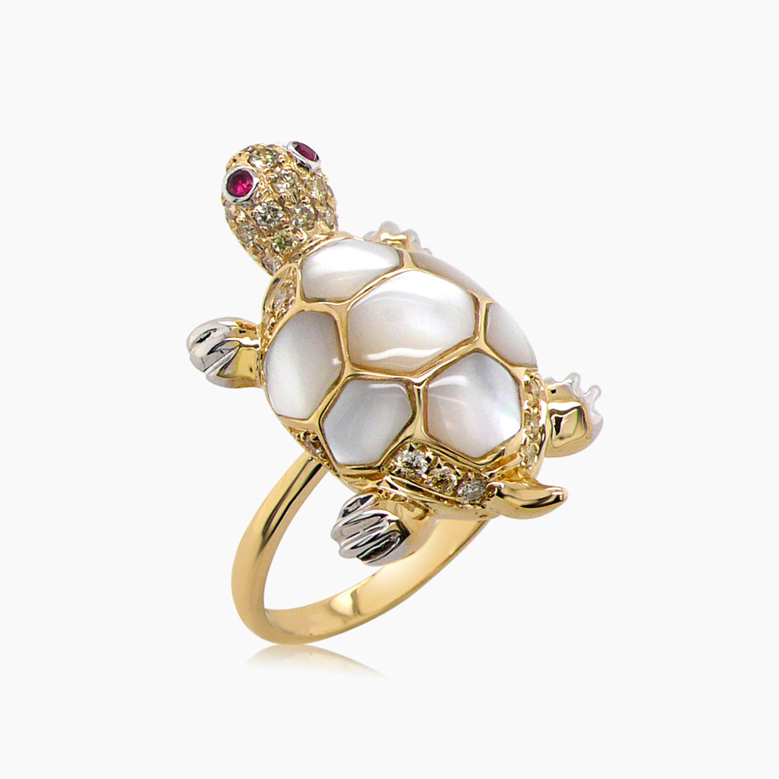 Turtle Fancy Diamond Ruby & White Pearl 18K Yellow Gold Animal Ring