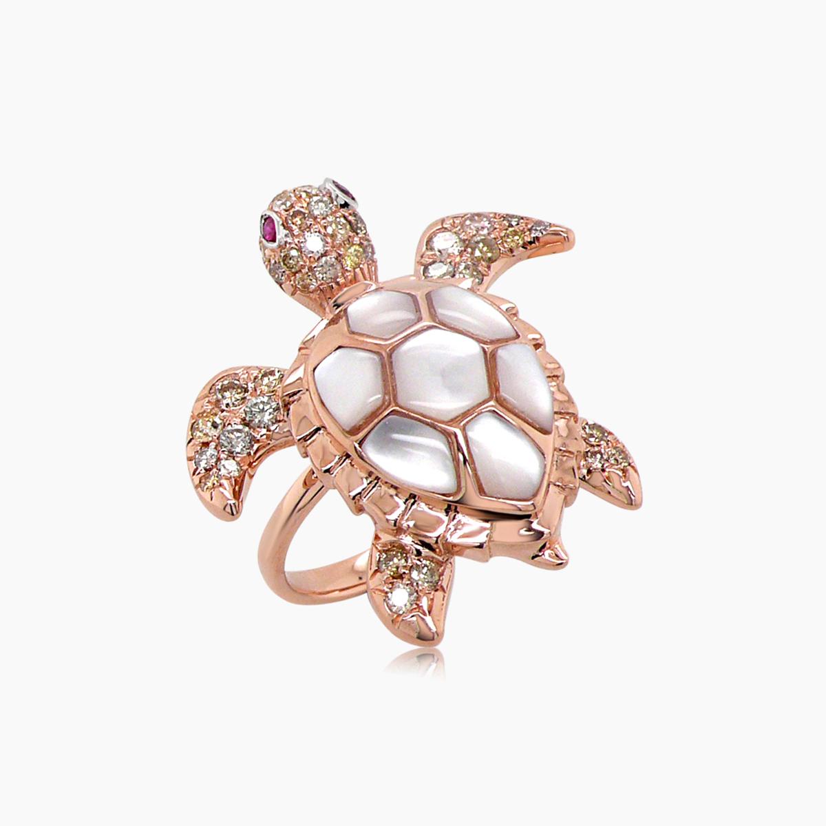 White Pearl Fancy Diamond Ruby 18K Rose Gold Turtle Ring