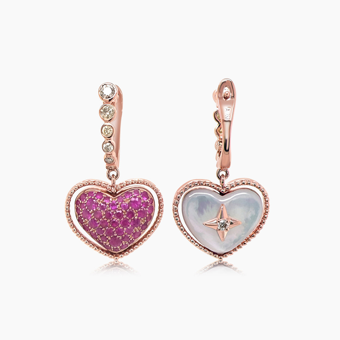 Heart Shape White Pearl & Ruby & Fancy Diamond 18K Rose Gold Love Earrings