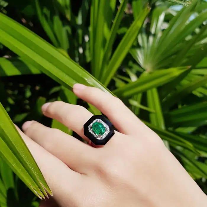 art deco style green zambian emerald & diamond black onyx white gold shield ring