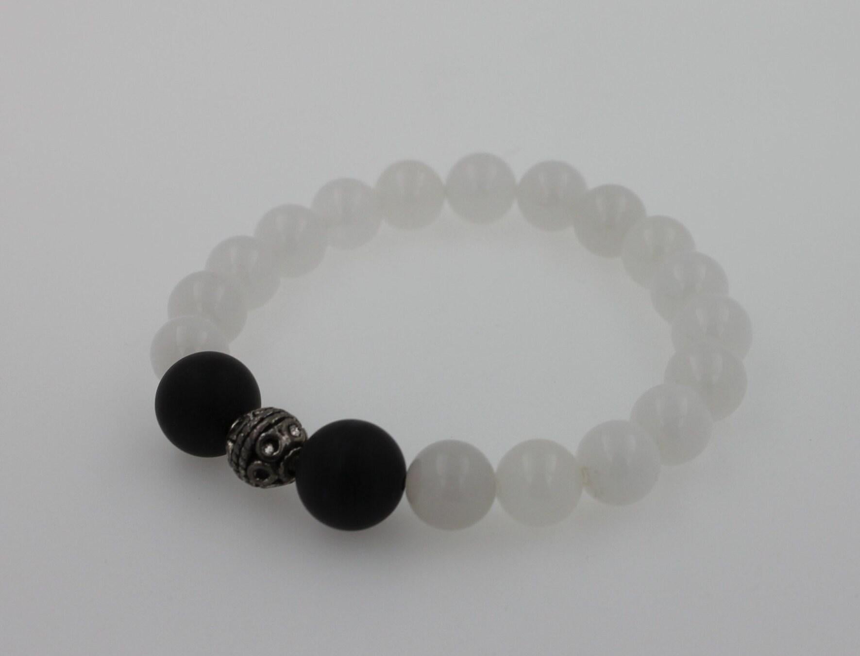 White Agate Black Onyx Round Bead Stretchy Unique Statement Circle Beads Chakra 