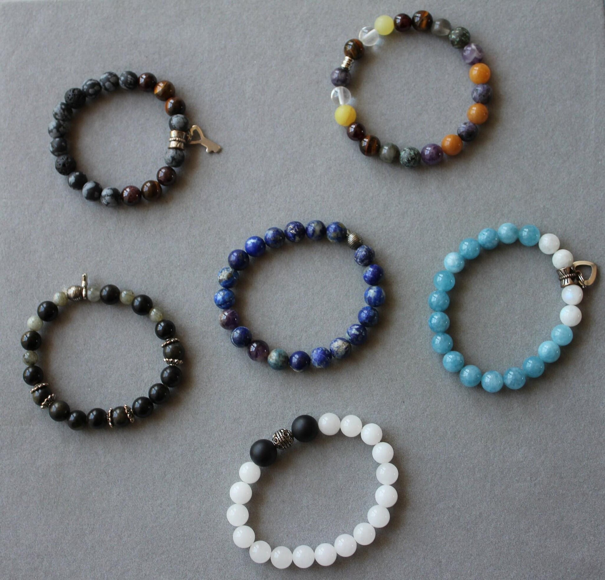 Blue White Agate Round Bead Stretchy Unique Statement Circle Beads Chakra Bracel